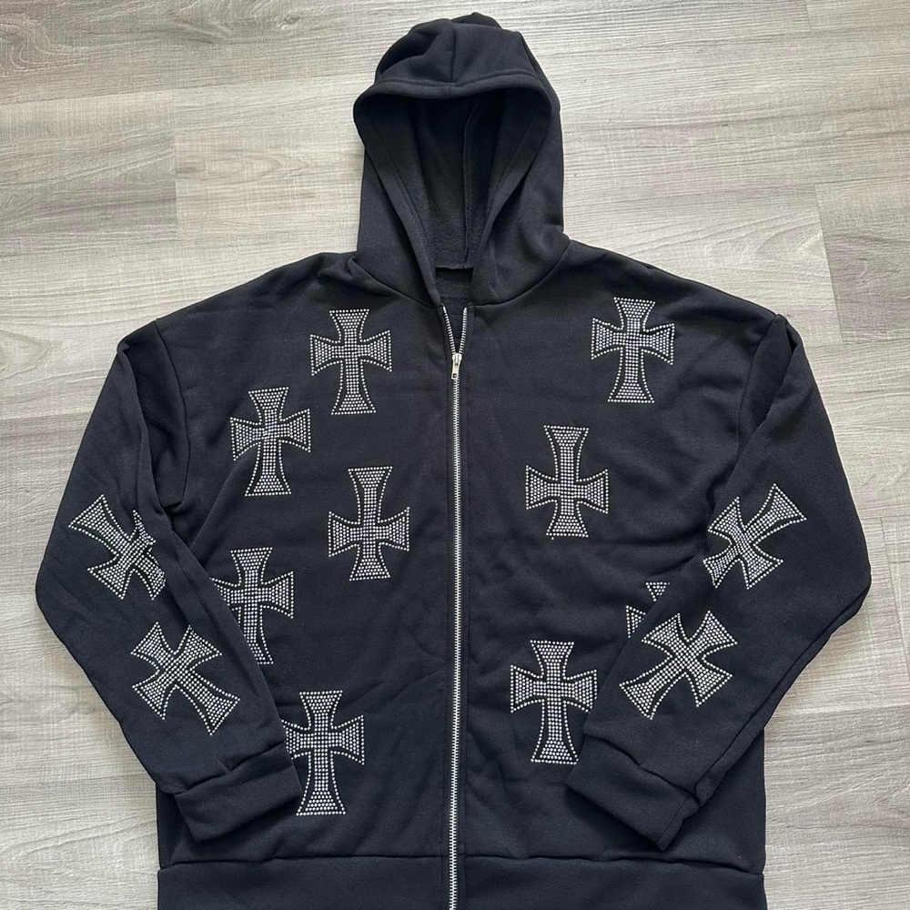 bedazzled cross zip up hoodie